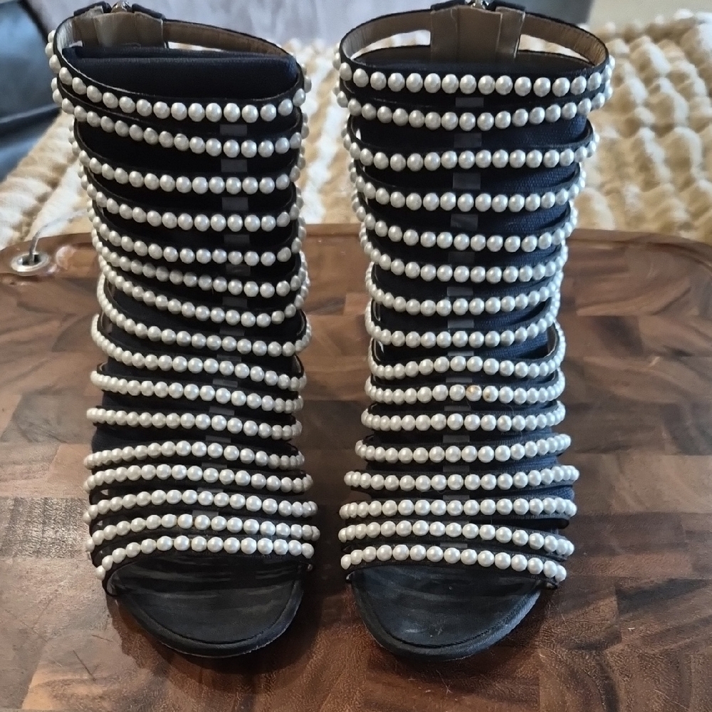 CHANEL Black Pearl-Strap Open-Toe Heeled Sandals
